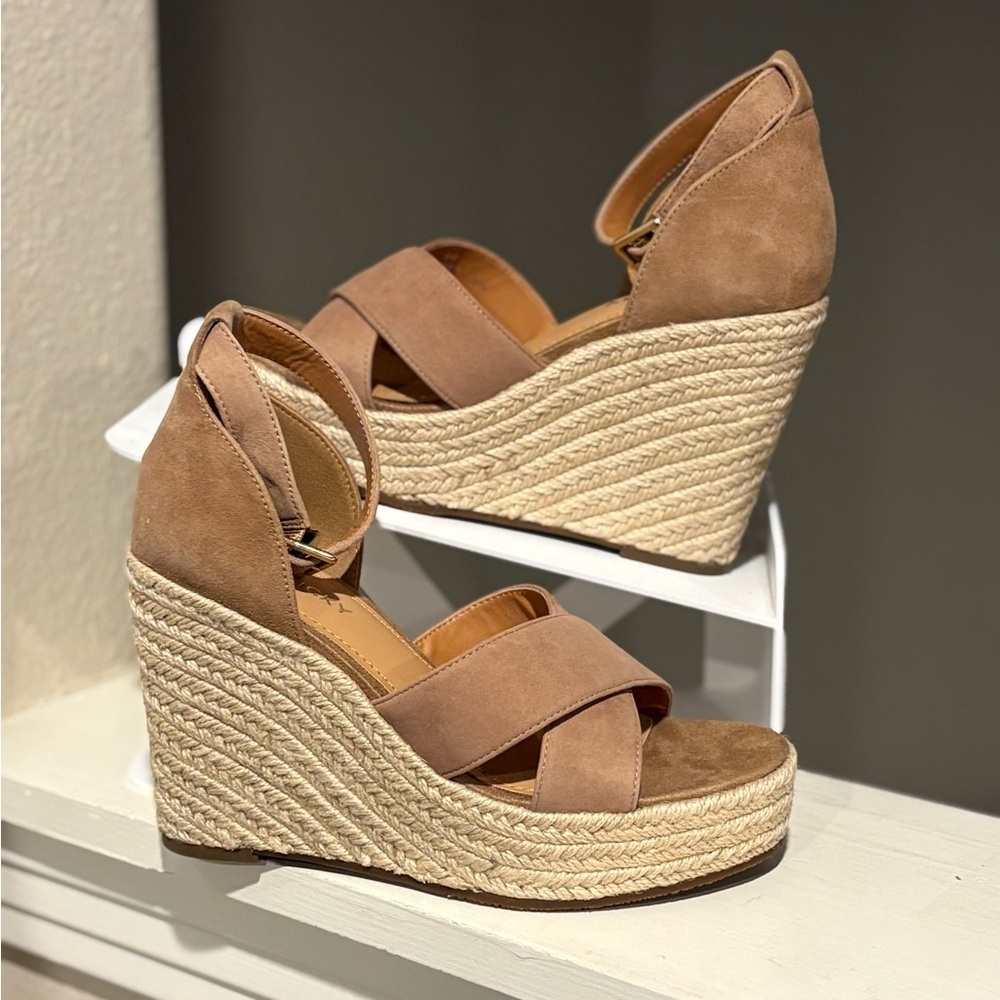 Lisa Vicky Gemi Platform Wedge Sandal Kid Suede Leather Cognac Women's 6 NWB